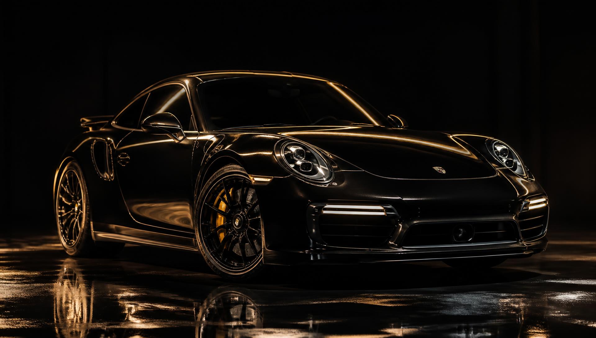 Black sports car with mirror gloss ceramic coating in a dark studio